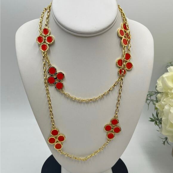 Tory Burch Kira Clover Necklace in gold-tone with red enamel or resin accents - Picture 1 of 12